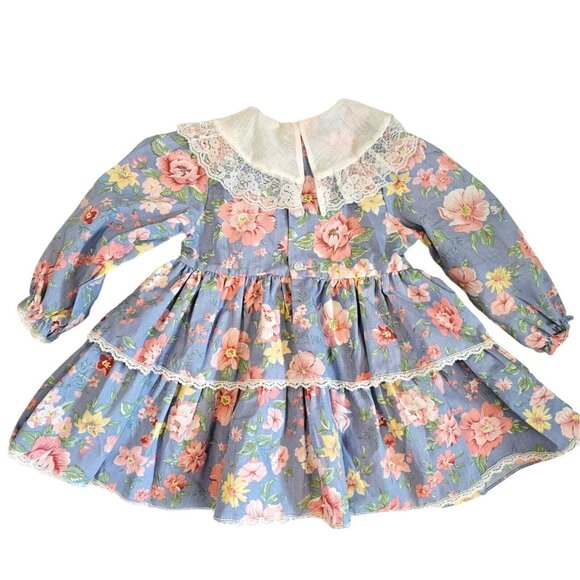 Vintage 80s Girls 3T Party Dress Blue Longsleeve Lace Flowers Layered Tiered - Picture 3 of 10